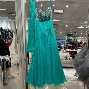 Teal Sequin Bodice Prom Dress